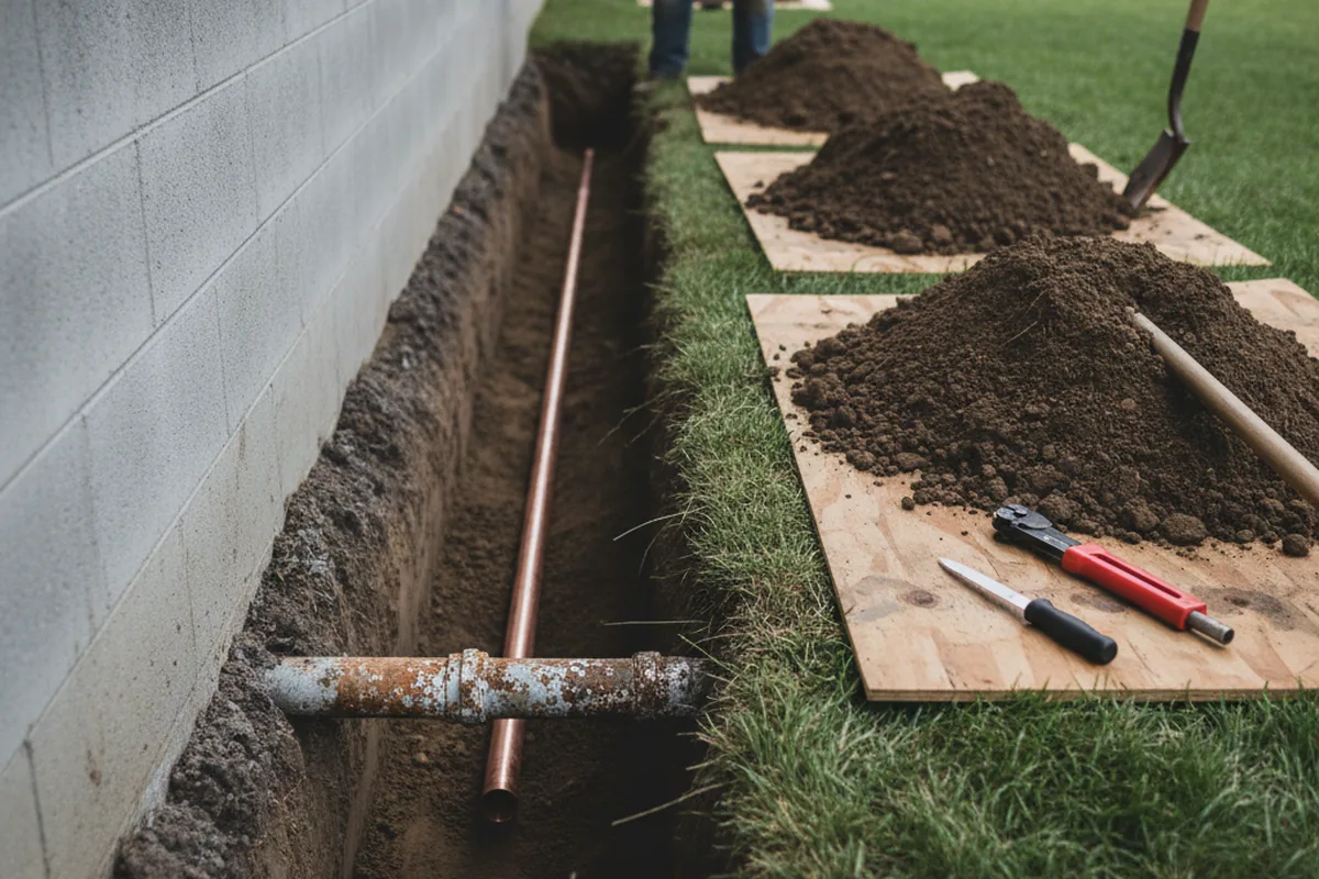 Excavated water line trench during Water Softener Installation in Stow